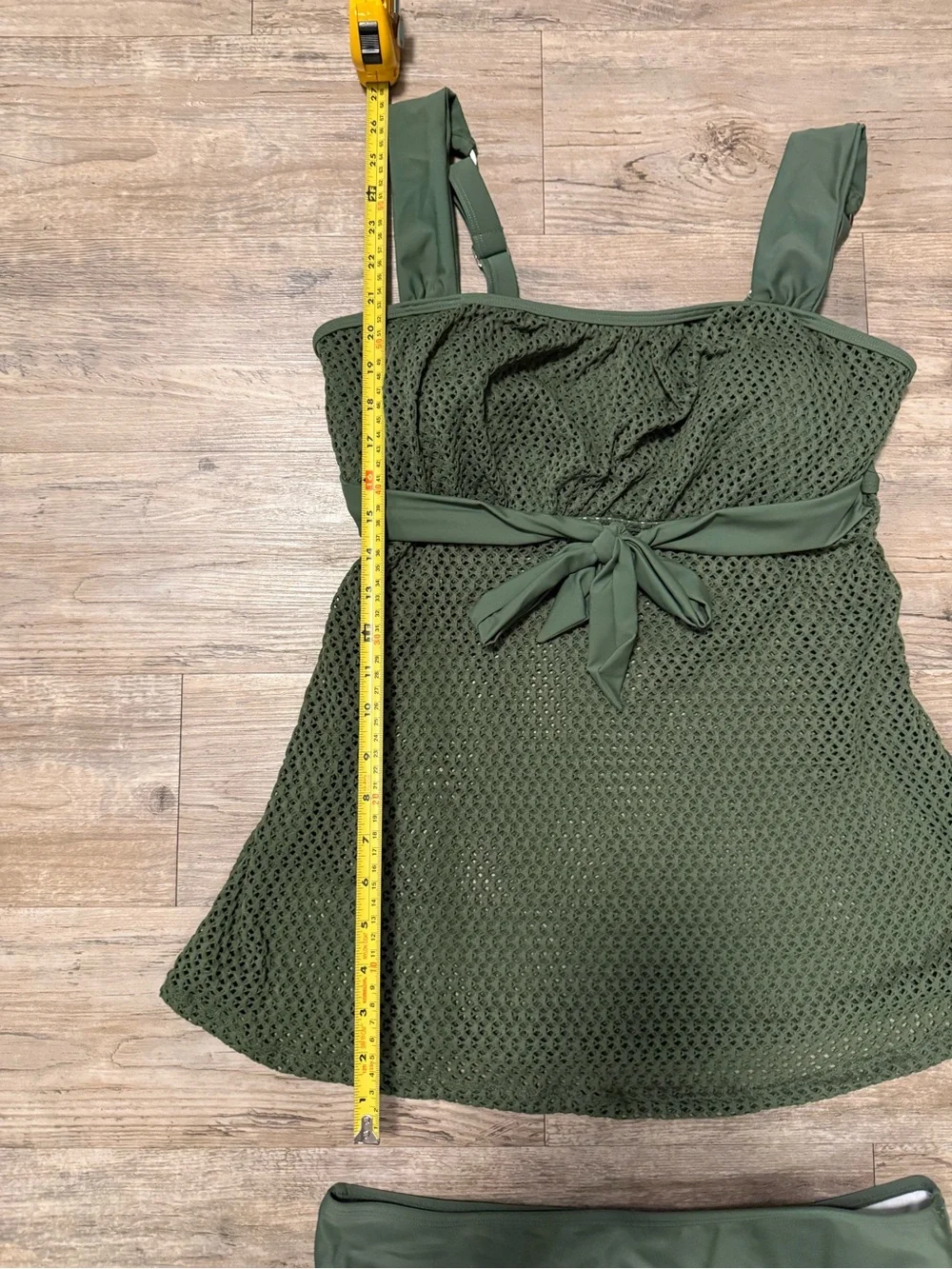 Olive Green Textured Tankini Set with Tie-Waist